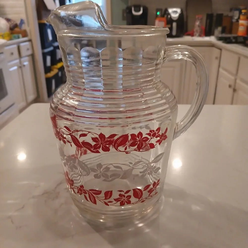 1950s MCM Hazel Atlas Clematis Floral Ribbed Ice Lip Glass Pitcher - Rare!